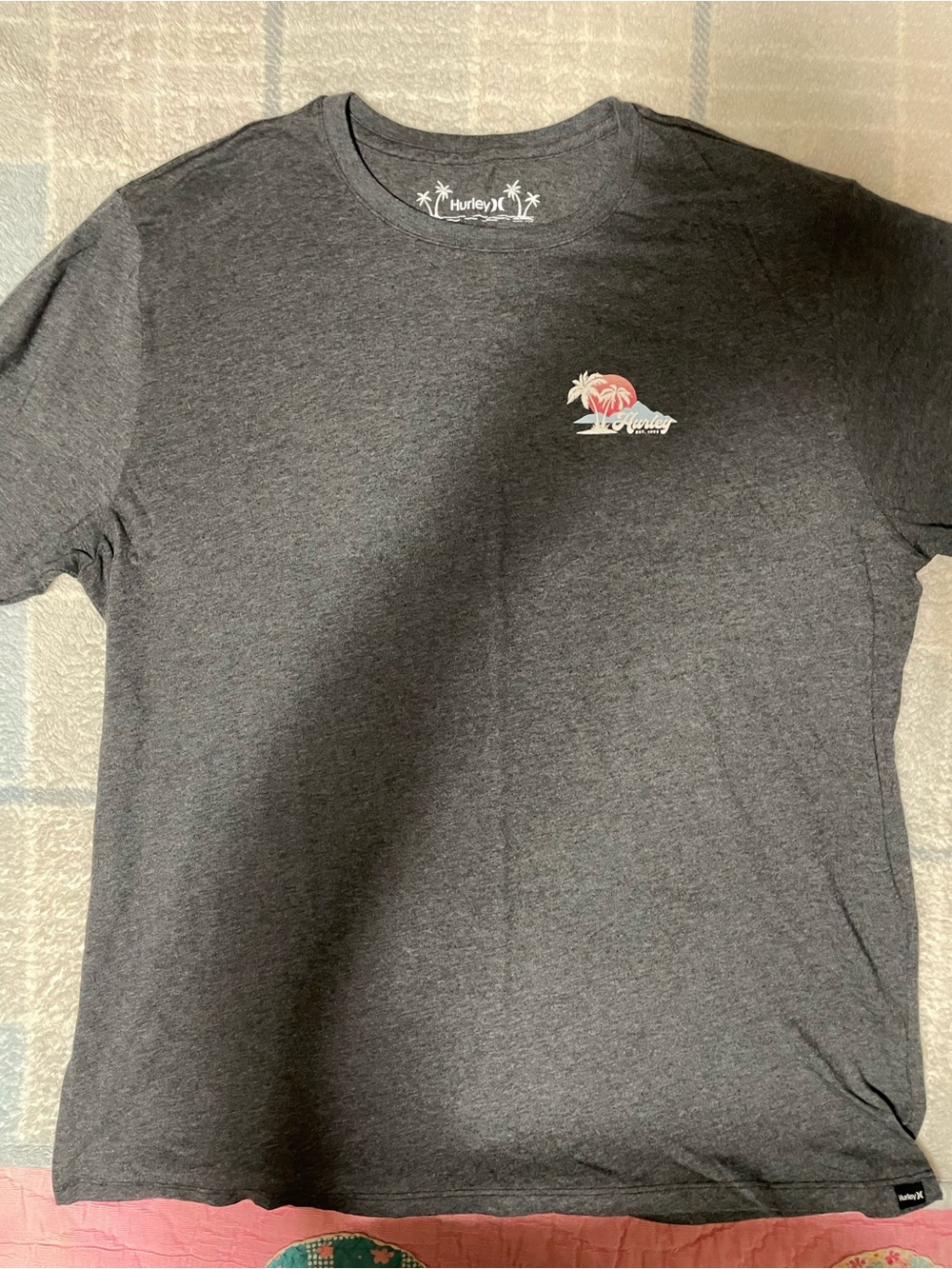 Hurley Charcoal Short-Sleeve Tee with Pink Sun & Palm Graphic